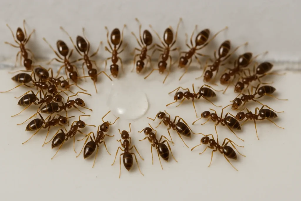 Cluster of ants gathered on a surface