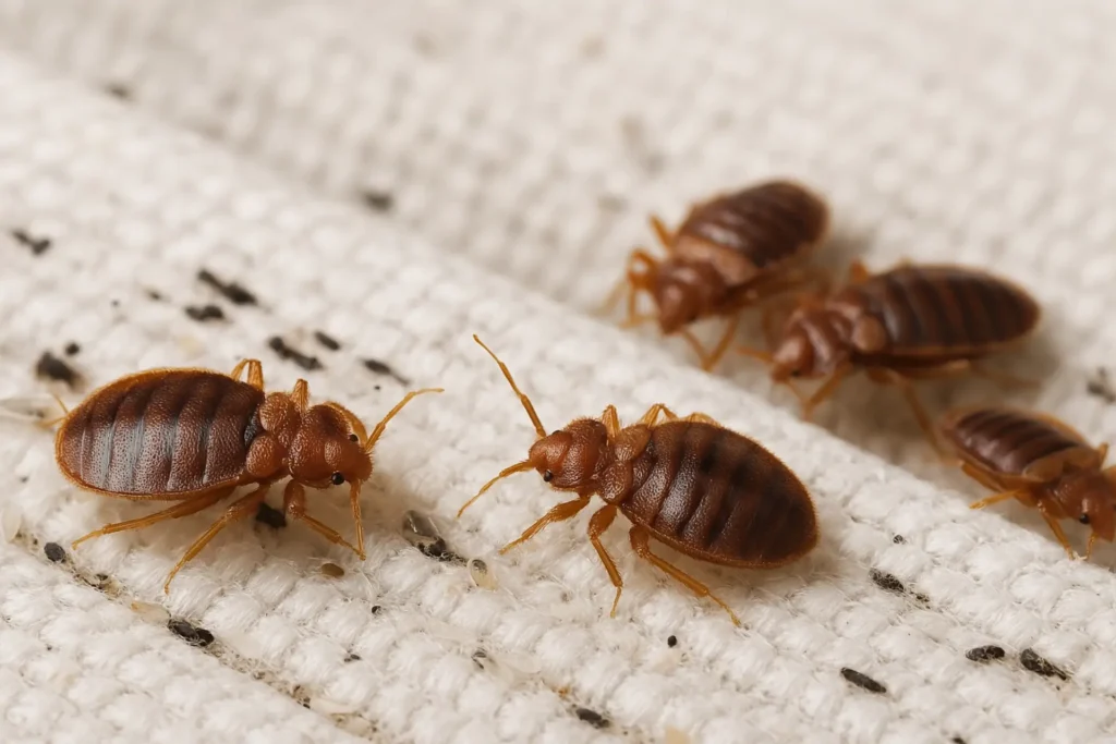 Close-up of bed bugs on a fabric surface