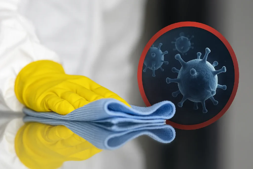 Gloved hands disinfecting a surface with a cloth