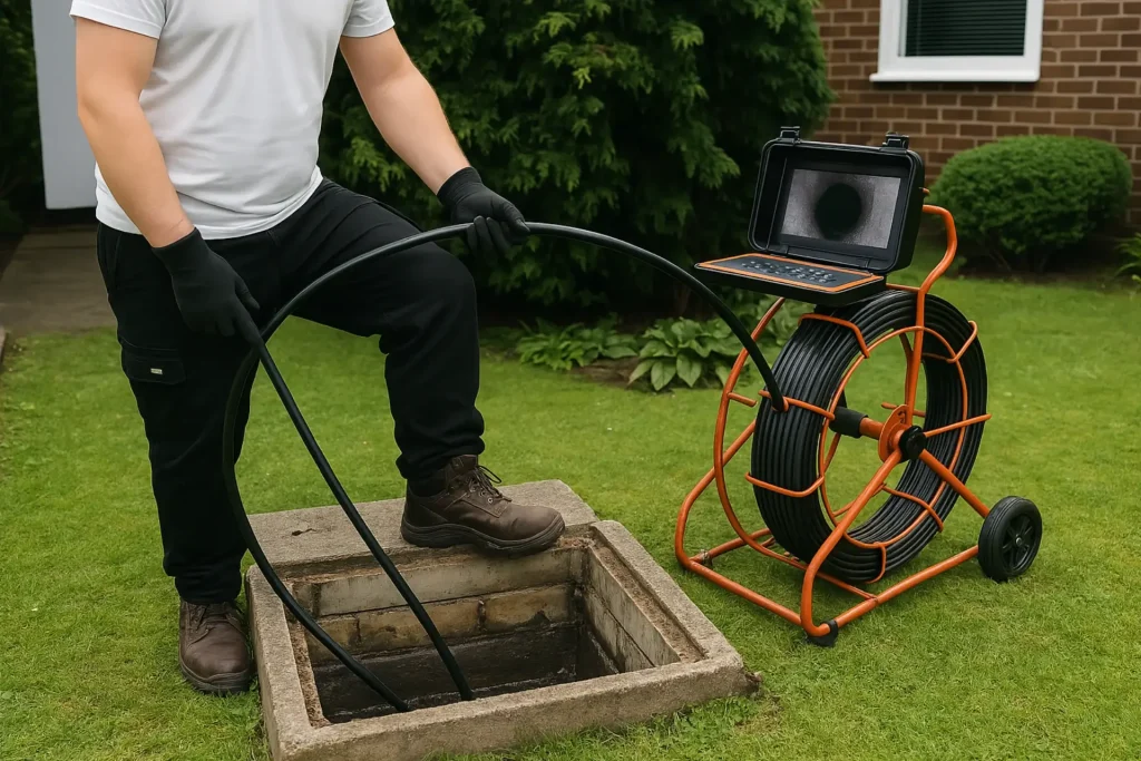 technician performing CCTV drain survey in Wiltshire domestic garden