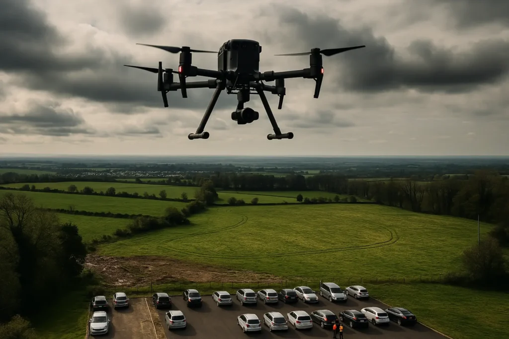 Drone flying over a grassy field during an aerial survey