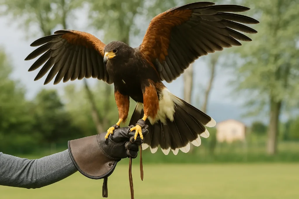 Bird of prey with wings spread during falconry bird control