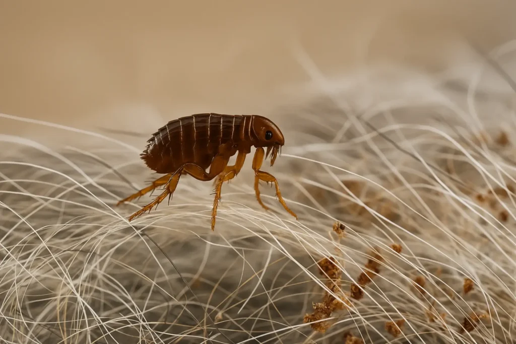 Close-up of a flea among carpet fibres