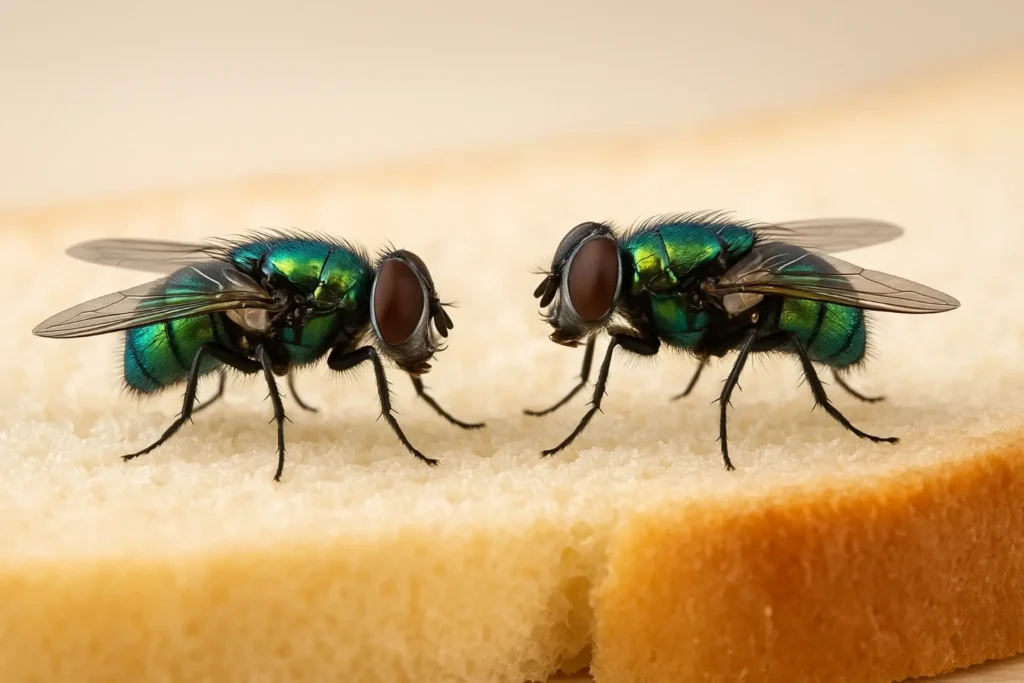 Close-up of two house flies on a surface