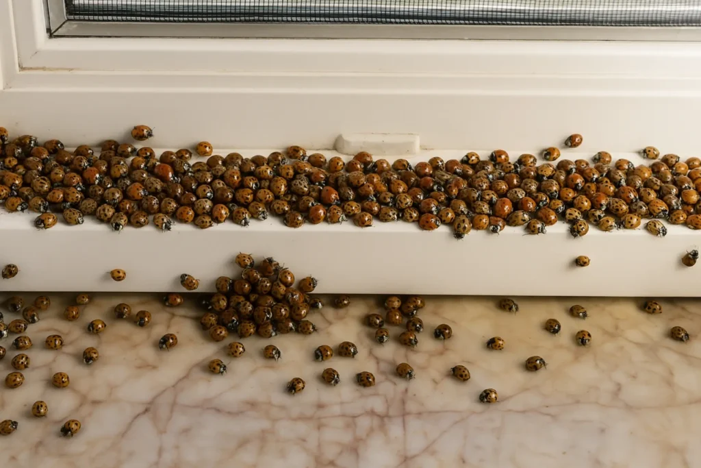 Harlequin ladybirds clustered along a windowsill edge