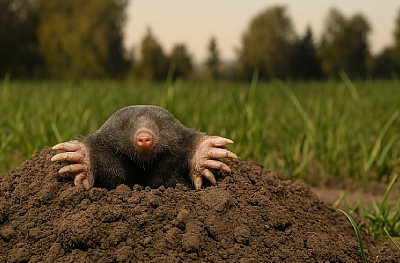 Mole emerging from soil at a molehill