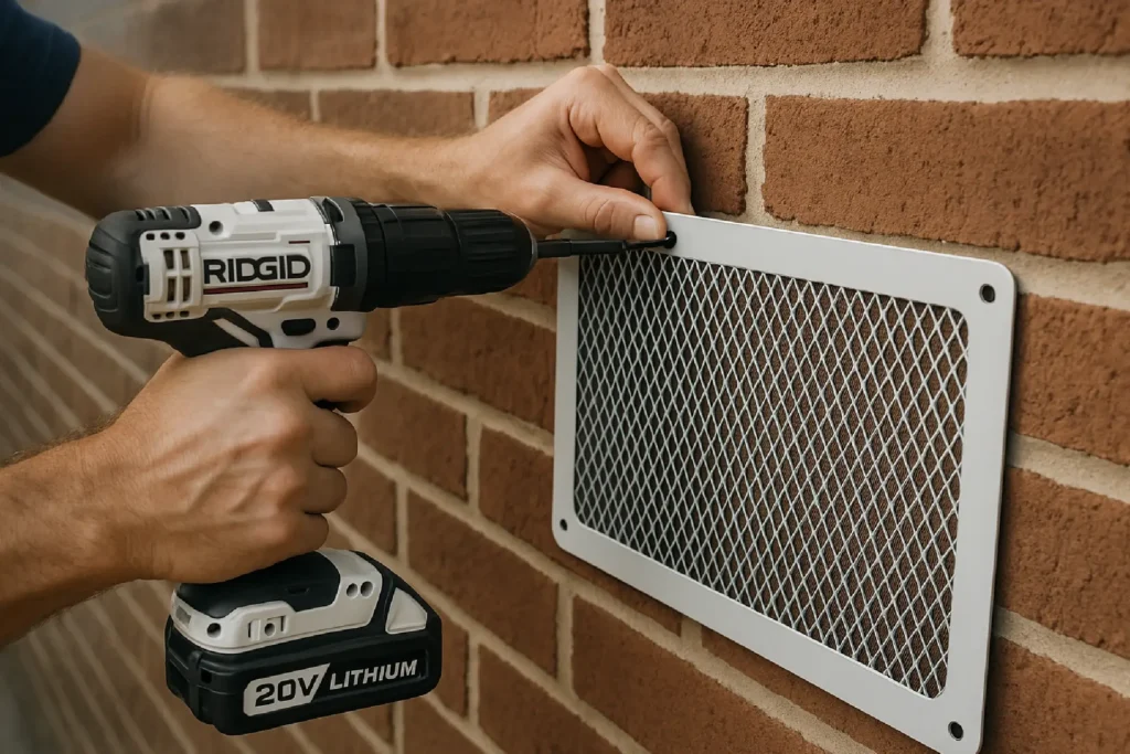 Technician sealing a vent in a brick wall during pest proofing