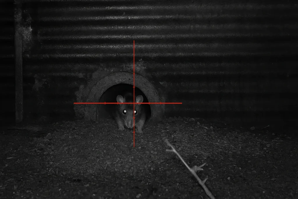 Night-vision rifle scope view during rural pest shooting after dark