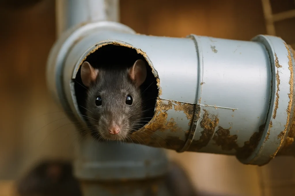 Brown rat emerging from a drainage pipe