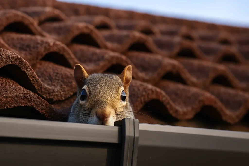Grey squirrel perched on a wooden surface