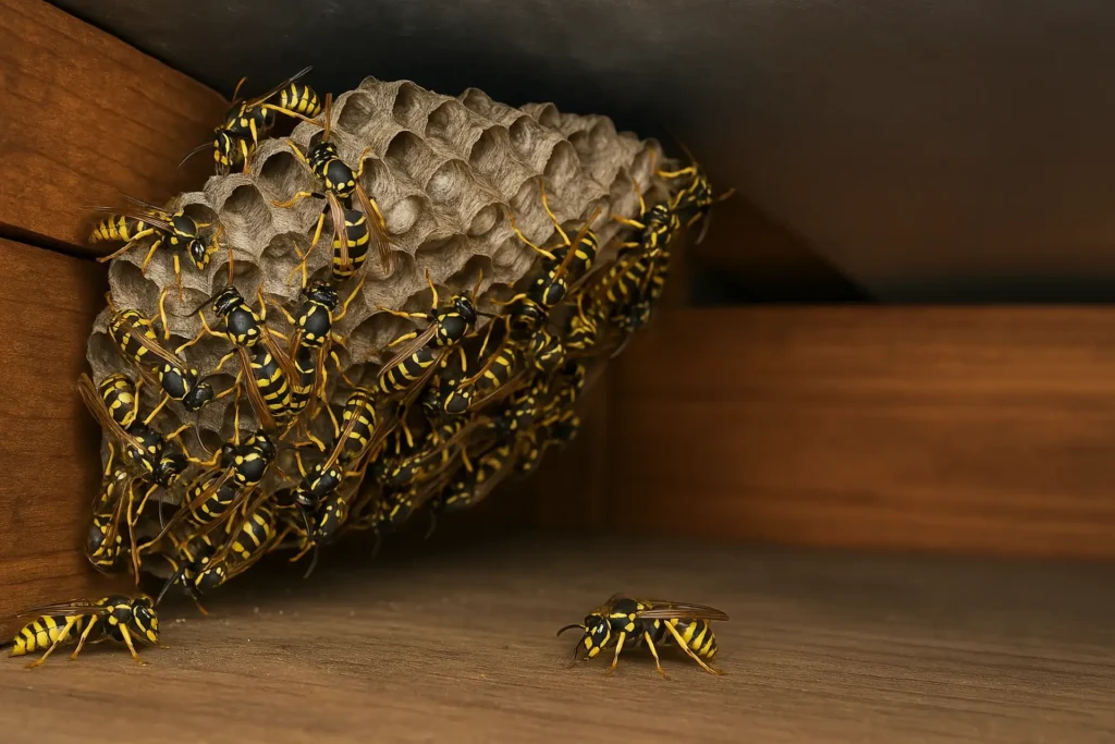 Wasp nest located in the corner of a building before professional removal