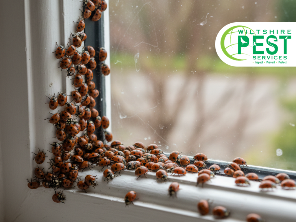 Cluster of harlequin ladybirds gathering on a window in a Wiltshire home