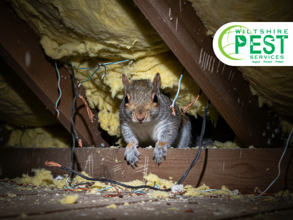 Squirrel nesting in attic insulation near chewed cables