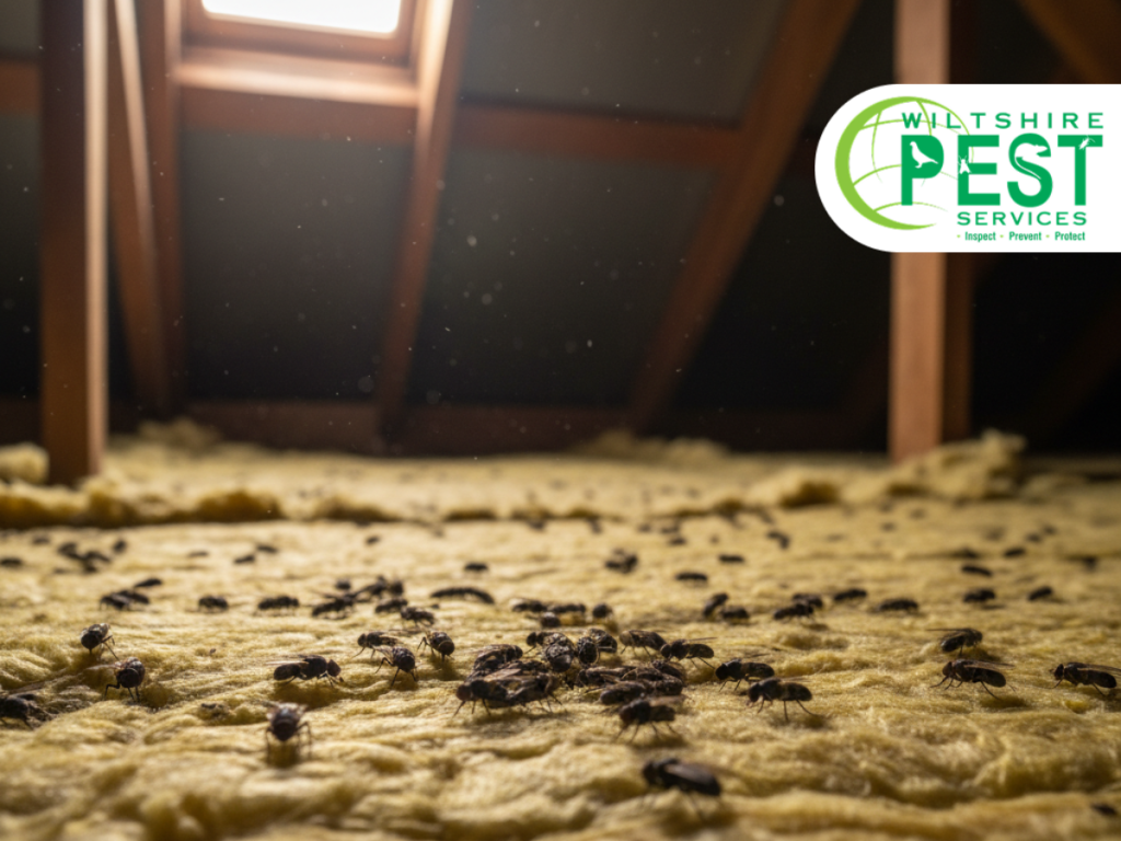 cluster flies are resting on yellow loft insulation in an attic