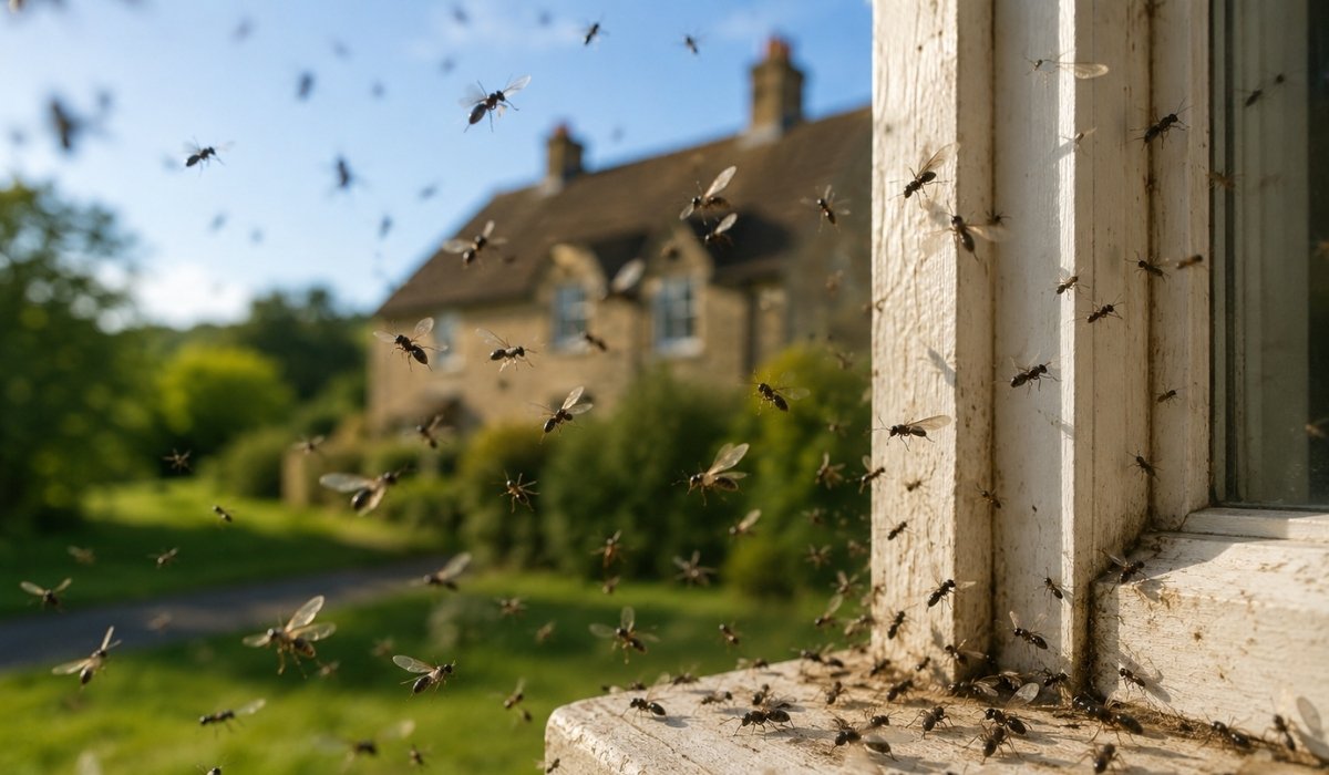 Swarm of flying ants around a house in Wiltshire during Flying Ant Day in August