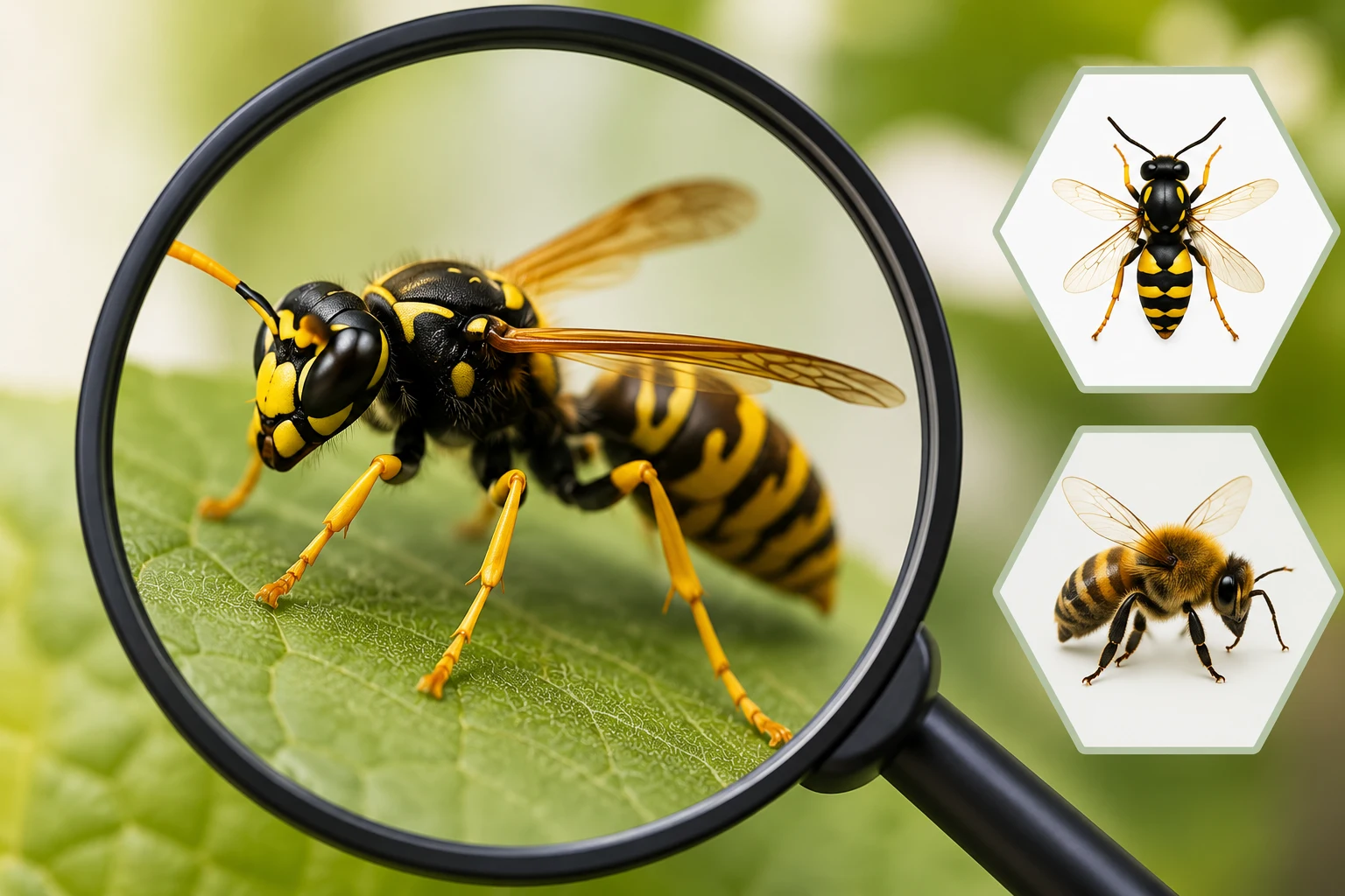 A wasp and a honey bee compared side by side under a magnifying glass